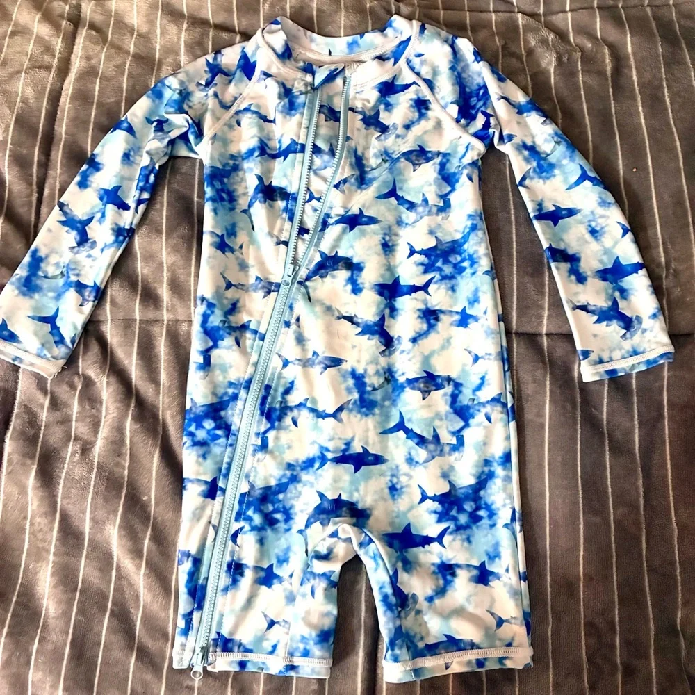 Jumping Beans Blue& White Long Sleeve unisex full zip bathing suit sz 3T